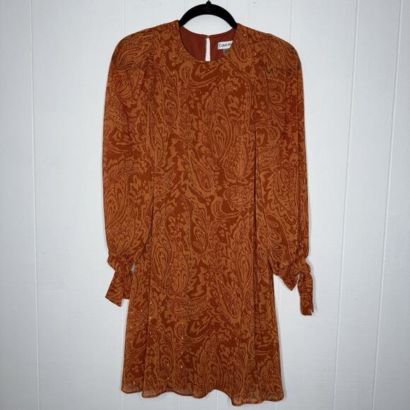 Calvin Klein Women’s Paisley Balloon Sleeve Dress Orange Size 2 - Picture 1 of 6